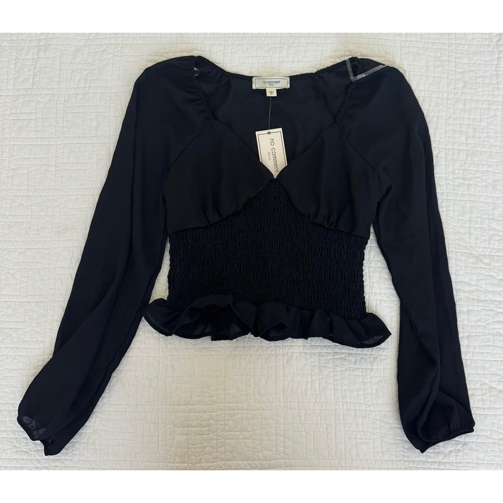 No Comment NY LA Black Smocked Long Sleeve Ruffle Hem Blouse Top Medium NWT